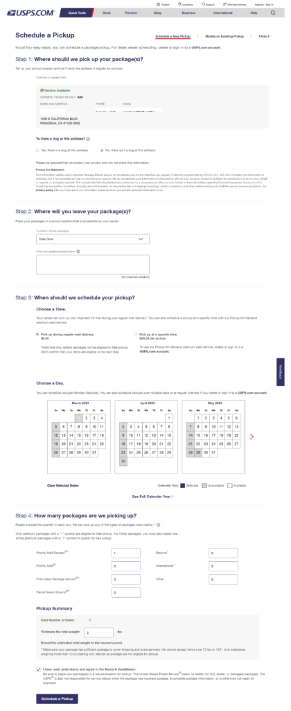 Confirm your pickup details | Schedule a USPS Pickup Request